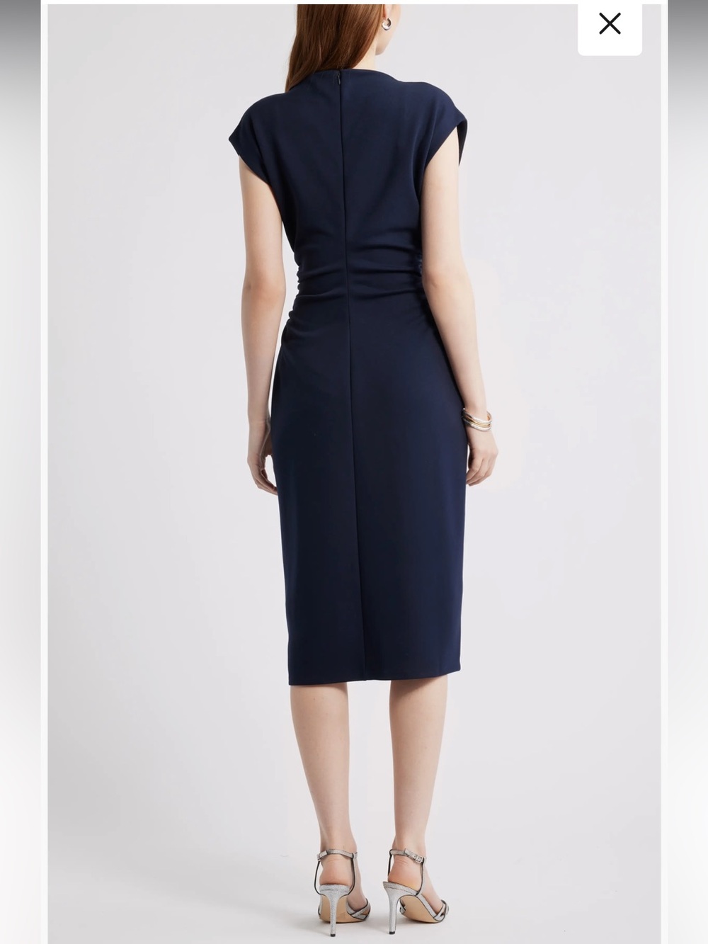 NWT Nordstrom Sz Med Navy Blue Ruched Funnel Neck Midi Work Casual Dress Ret $89 - Picture 2 of 15